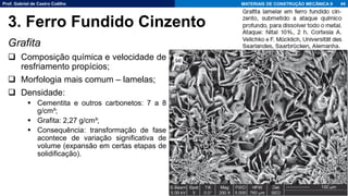 Prof. Gabriel de Castro Coêlho MATERIAIS DE CONSTRUÇÃO MECÂNICA II
Grafita
❑ Composição química e velocidade de
resfriamento propícios;
❑ Morfologia mais comum – lamelas;
❑ Densidade:
▪ Cementita e outros carbonetos: 7 a 8
g/cm³;
▪ Grafita: 2,27 g/cm³;
▪ Consequência: transformação de fase
acontece de variação significativa de
volume (expansão em certas etapas de
solidificação).
44
3. Ferro Fundido Cinzento
 