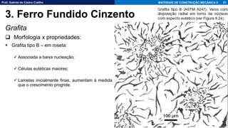 Prof. Gabriel de Castro Coêlho MATERIAIS DE CONSTRUÇÃO MECÂNICA II
Grafita
❑ Morfologia x propriedades:
▪ Grafita tipo B – em roseta:
✓ Associada a baixa nucleação;
✓ Células eutéticas maiores;
✓ Lamelas inicialmente finas, aumentam à medida
que o crescimento progride.
51
3. Ferro Fundido Cinzento
 