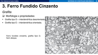 Prof. Gabriel de Castro Coêlho MATERIAIS DE CONSTRUÇÃO MECÂNICA II
Grafita
❑ Morfologia x propriedades:
▪ Grafita tipo D – interdendrítica desorientada;
▪ Grafita tipo E – interdendrítica orientada;
56
3. Ferro Fundido Cinzento
 