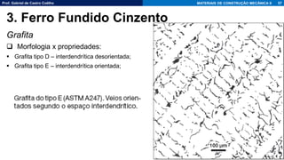 Prof. Gabriel de Castro Coêlho MATERIAIS DE CONSTRUÇÃO MECÂNICA II
Grafita
❑ Morfologia x propriedades:
▪ Grafita tipo D – interdendrítica desorientada;
▪ Grafita tipo E – interdendrítica orientada;
57
3. Ferro Fundido Cinzento
 