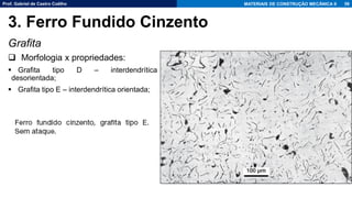 Prof. Gabriel de Castro Coêlho MATERIAIS DE CONSTRUÇÃO MECÂNICA II
Grafita
❑ Morfologia x propriedades:
▪ Grafita tipo D – interdendrítica
desorientada;
▪ Grafita tipo E – interdendrítica orientada;
58
3. Ferro Fundido Cinzento
 