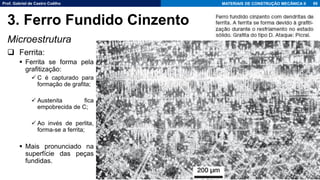 Prof. Gabriel de Castro Coêlho MATERIAIS DE CONSTRUÇÃO MECÂNICA II
Microestrutura
❑ Ferrita:
▪ Ferrita se forma pela
grafitização:
✓ C é capturado para
formação de grafita;
✓ Austenita fica
empobrecida de C;
✓ Ao invés de perlita,
forma-se a ferrita;
▪ Mais pronunciado na
superfície das peças
fundidas.
60
3. Ferro Fundido Cinzento
 