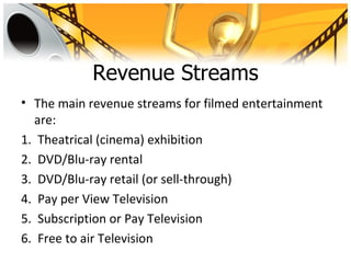 Revenue Streams
• The main revenue streams for filmed entertainment
  are:
1. Theatrical (cinema) exhibition
2. DVD/Blu-ray rental
3. DVD/Blu-ray retail (or sell-through)
4. Pay per View Television
5. Subscription or Pay Television
6. Free to air Television
 
