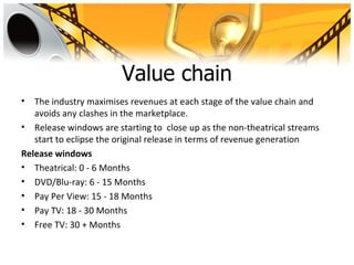 Value chain
•  The industry maximises revenues at each stage of the value chain and
   avoids any clashes in the marketplace.
• Release windows are starting to close up as the non-theatrical streams
   start to eclipse the original release in terms of revenue generation
Release windows
• Theatrical: 0 - 6 Months
• DVD/Blu-ray: 6 - 15 Months
• Pay Per View: 15 - 18 Months
• Pay TV: 18 - 30 Months
• Free TV: 30 + Months
 