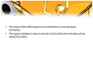 •   The share of Box Office paid over to distributors varies between
    territories.
•   The typical exhibitor's share in the US is 45 to 55% and in the Rest of the
    World 55 to 65%.
 