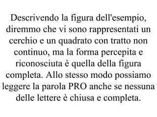 Descrivendo la figura dell'esempio,
diremmo che vi sono rappresentati un
cerchio e un quadrato con tratto non
continuo, ma la forma percepita e
riconosciuta è quella della figura
completa. Allo stesso modo possiamo
leggere la parola PRO anche se nessuna
delle lettere è chiusa e completa.
 