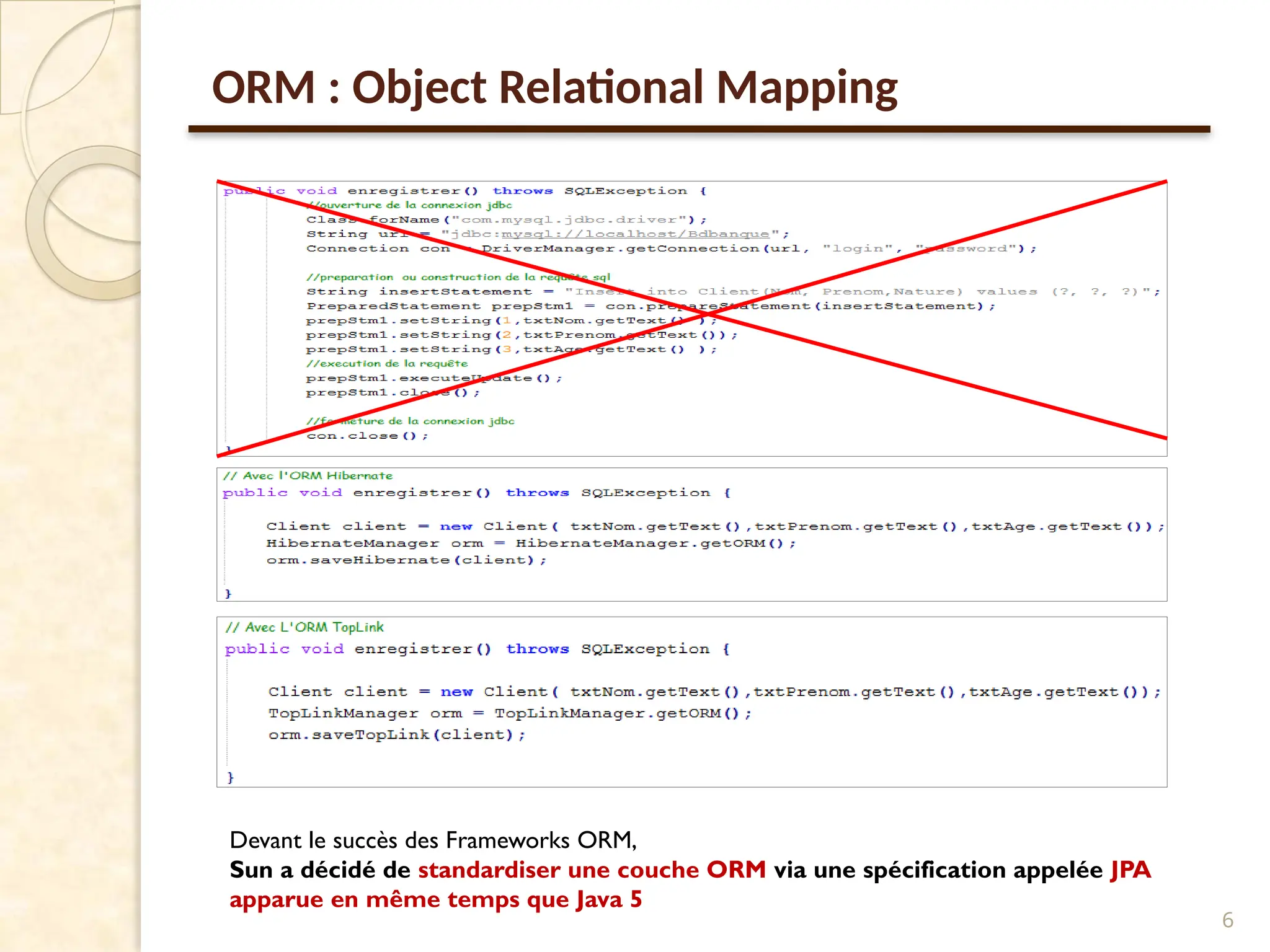 6
ORM : Object Relational Mapping
Devant le succès des Frameworks ORM,
Sun a décidé de standardiser une couche ORM via une spécification appelée JPA
apparue en même temps que Java 5
 