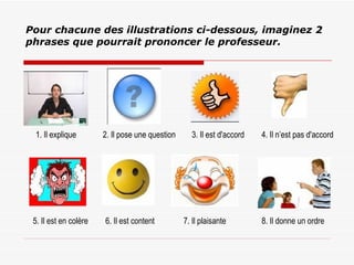 Pour chacune des illustrations ci-dessous, imaginez 2 phrases que pourrait prononcer le professeur. 1. Il explique 2. Il pose une question 3. Il est d'accord 4. Il n’est pas d'accord 5. Il est en colère 6. Il est content 7. Il plaisante 8. Il donne un ordre 