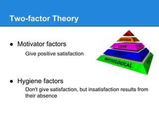 Two-factor Theory
● Motivator factors
Give positive satisfaction

● Hygiene factors
Don't give satisfaction, but insatisfaction results from
their absence

 