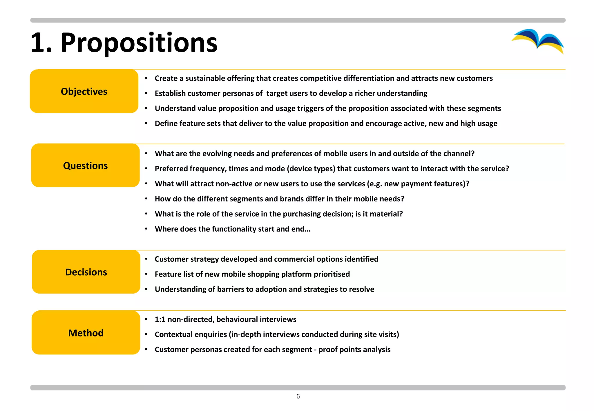 1. Propositions
               • Create a sustainable offering that creates competitive differentiation and attracts new customers
  Objectives   • Establish customer personas of target users to develop a richer understanding
               • Understand value proposition and usage triggers of the proposition associated with these segments
               • Define feature sets that deliver to the value proposition and encourage active, new and high usage


               • What are the evolving needs and preferences of mobile users in and outside of the channel?
  Questions    • Preferred frequency, times and mode (device types) that customers want to interact with the service?
               • What will attract non-active or new users to use the services (e.g. new payment features)?
               • How do the different segments and brands differ in their mobile needs?
               • What is the role of the service in the purchasing decision; is it material?
               • Where does the functionality start and end…


               • Customer strategy developed and commercial options identified
  Decisions    • Feature list of new mobile shopping platform prioritised
               • Understanding of barriers to adoption and strategies to resolve


               • 1:1 non-directed, behavioural interviews
   Method      • Contextual enquiries (in-depth interviews conducted during site visits)
               • Customer personas created for each segment - proof points analysis




                                                            6
 