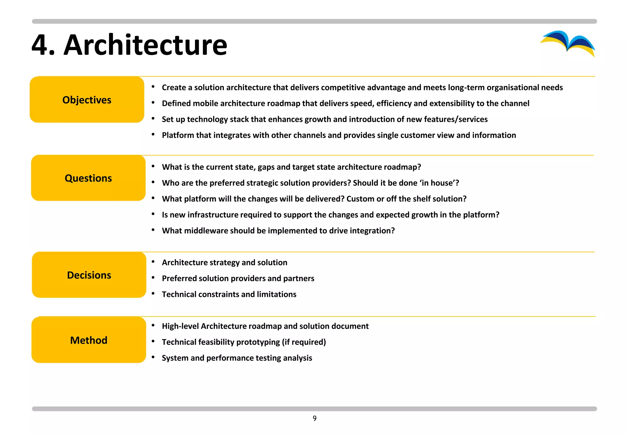 4. Architecture
               • Create a solution architecture that delivers competitive advantage and meets long-term organisational needs
  Objectives   • Defined mobile architecture roadmap that delivers speed, efficiency and extensibility to the channel
               • Set up technology stack that enhances growth and introduction of new features/services
               • Platform that integrates with other channels and provides single customer view and information

               • What is the current state, gaps and target state architecture roadmap?
  Questions    • Who are the preferred strategic solution providers? Should it be done ‘in house’?
               • What platform will the changes will be delivered? Custom or off the shelf solution?
               • Is new infrastructure required to support the changes and expected growth in the platform?
               • What middleware should be implemented to drive integration?


               • Architecture strategy and solution
  Decisions    • Preferred solution providers and partners
               • Technical constraints and limitations

               • High-level Architecture roadmap and solution document
   Method      • Technical feasibility prototyping (if required)
               • System and performance testing analysis




                                                          9
 