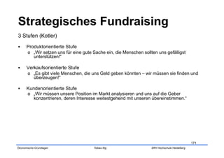 3 Stufen (Kotler)

     Produktorientierte Stufe
       o  „Wir setzen uns für eine gute Sache ein, die Menschen sollten uns gefälligst
          unterstützen!“

     Verkaufsorientierte Stufe
       o  „Es gibt viele Menschen, die uns Geld geben könnten – wir müssen sie finden und
          überzeugen!“

     Kundenorientierte Stufe
       o  „Wir müssen unsere Position im Markt analysieren und uns auf die Geber
          konzentrieren, deren Interesse weitestgehend mit unseren übereinstimmen.“




                                                                                                171
Ökonomische Grundlagen                  Tobias Illig                SRH Hochschule Heidelberg
 
