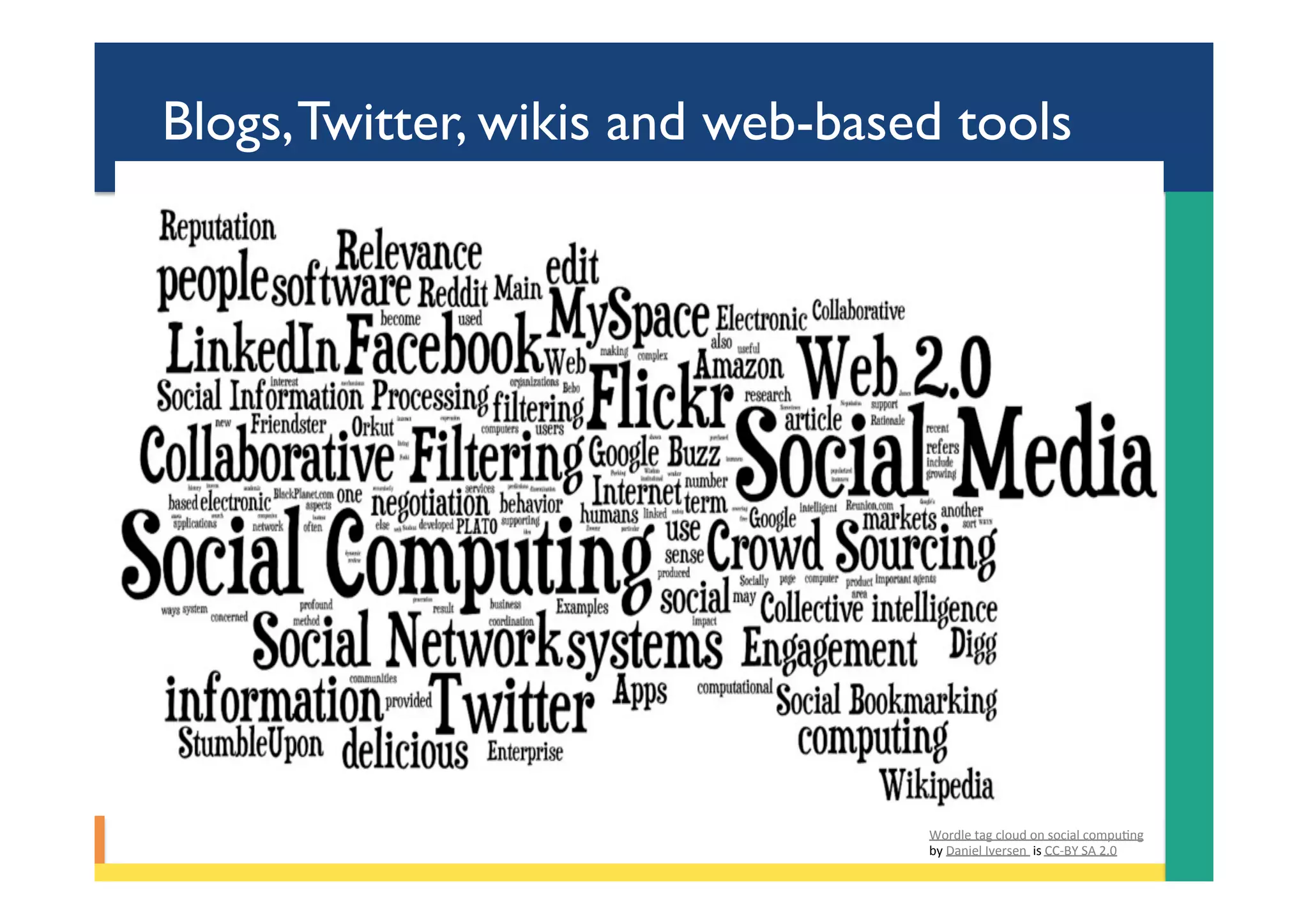 Blogs,Twitter, wikis and web-based tools
Wordle	tag	cloud	on	social	compuPng	
by	Daniel	Iversen		is	CC-BY	SA	2.0	
 