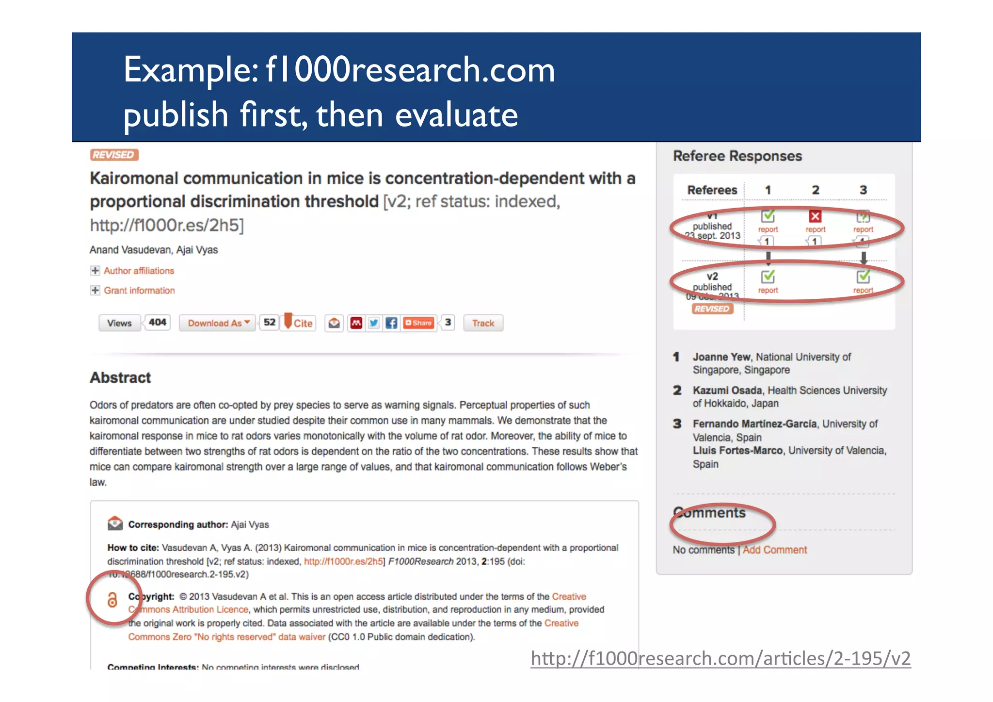 Example: f1000research.com
publish ﬁrst, then evaluate
hYp://f1000research.com/arPcles/2-195/v2		
 