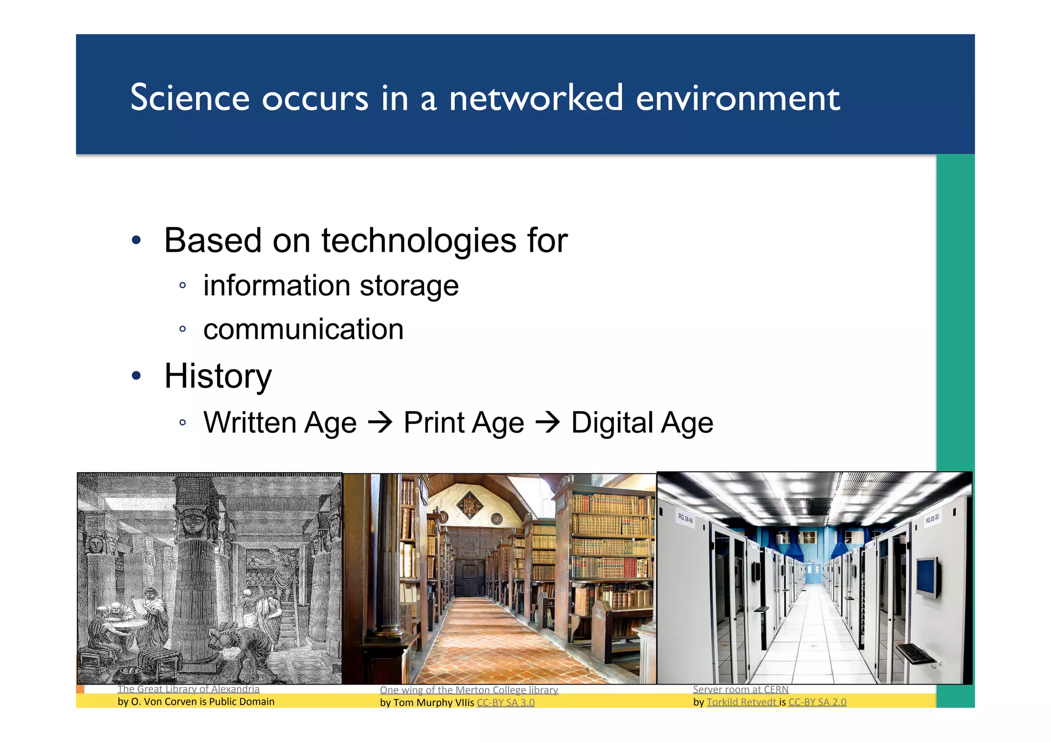 Science occurs in a networked environment
•  Based on technologies for
◦  information storage
◦  communication
•  History
◦  Written Age à Print Age à Digital Age
The	Great	Library	of	Alexandria		
by	O.	Von	Corven	is	Public	Domain	
Server	room	at	CERN		
by	Torkild	Retvedt	is	CC-BY	SA	2.0	
One	wing	of	the	Merton	College	library		
by	Tom	Murphy	VIIis	CC-BY	SA	3.0	
 