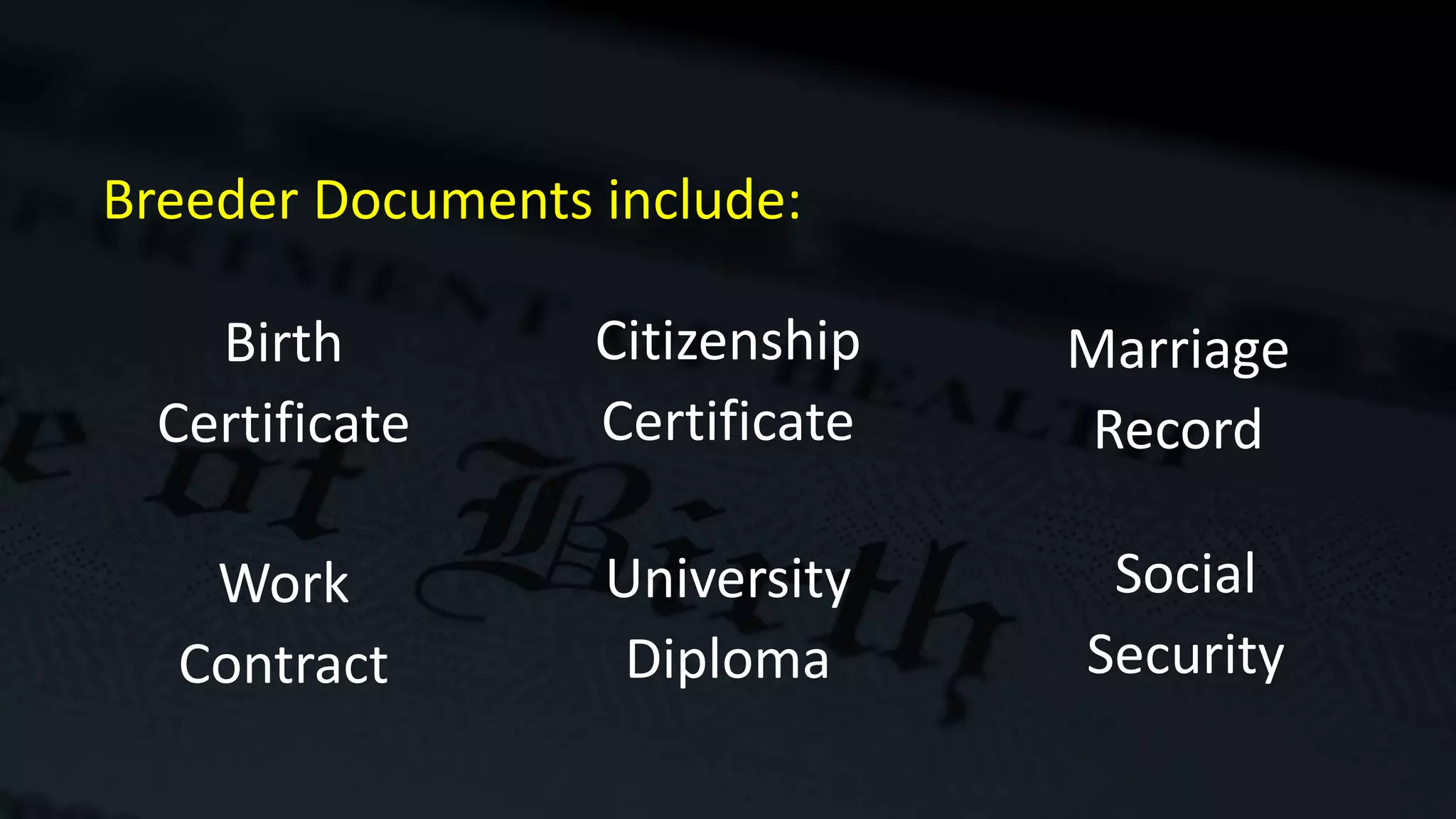 Birth
Certificate
Social
Security
Marriage
Record
Work
Contract
Citizenship
Certificate
University
Diploma
Breeder Documents include:
 
