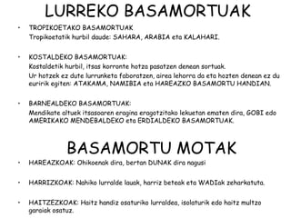LURREKO BASAMORTUAK
•   TROPIKOETAKO BASAMORTUAK
    Tropikoetatik hurbil daude: SAHARA, ARABIA eta KALAHARI.


•   KOSTALDEKO BASAMORTUAK:
    Kostaldetik hurbil, itsas korronte hotza pasatzen denean sortuak.
    Ur hotzek ez dute lurrunketa faboratzen, airea lehorra da eta hozten denean ez du
    euririk egiten: ATAKAMA, NAMIBIA eta HAREAZKO BASAMORTU HANDIAN.


•   BARNEALDEKO BASAMORTUAK:
    Mendikate altuek itsasoaren eragina eragotzitako lekuetan ematen dira, GOBI edo
    AMERIKAKO MENDEBALDEKO eta ERDIALDEKO BASAMORTUAK.



                BASAMORTU MOTAK
•   HAREAZKOAK: Ohikoenak dira, bertan DUNAK dira nagusi


•   HARRIZKOAK: Nahiko lurralde lauak, harriz beteak eta WADIak zeharkatuta.


•   HAITZEZKOAK: Haitz handiz osaturiko lurraldea, isolaturik edo haitz multzo
    garaiak osatuz.
 