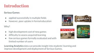 Introduction
Serious Games
● applied successfully in multiple fields
● however, poor uptake in formal education
Why?
● high development cost of new games
● difficulty to assess acquired learning
● few serious games formally evaluated and with
limited number of users
Learning Analytics data can provide insight into students’ learning and
improve development and deployment of Serious Games.
 
