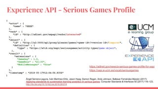 Experience API - Serious Games Profile
https://adlnet.gov/news/a-serious-games-profile-for-xapi
https://xapi.e-ucm.es/vocab/seriousgames
Ángel Serrano-Laguna, Iván Martínez-Ortiz, Jason Haag, Damon Regan, Andy Johnson, Baltasar Fernández-Manjón (2017):
Applying standards to systematize learning analytics in serious games. Computer Standards & Interfaces 50 (2017) 116–123,
http://dx.doi.org/10.1016/j.csi.2016.09.014
 