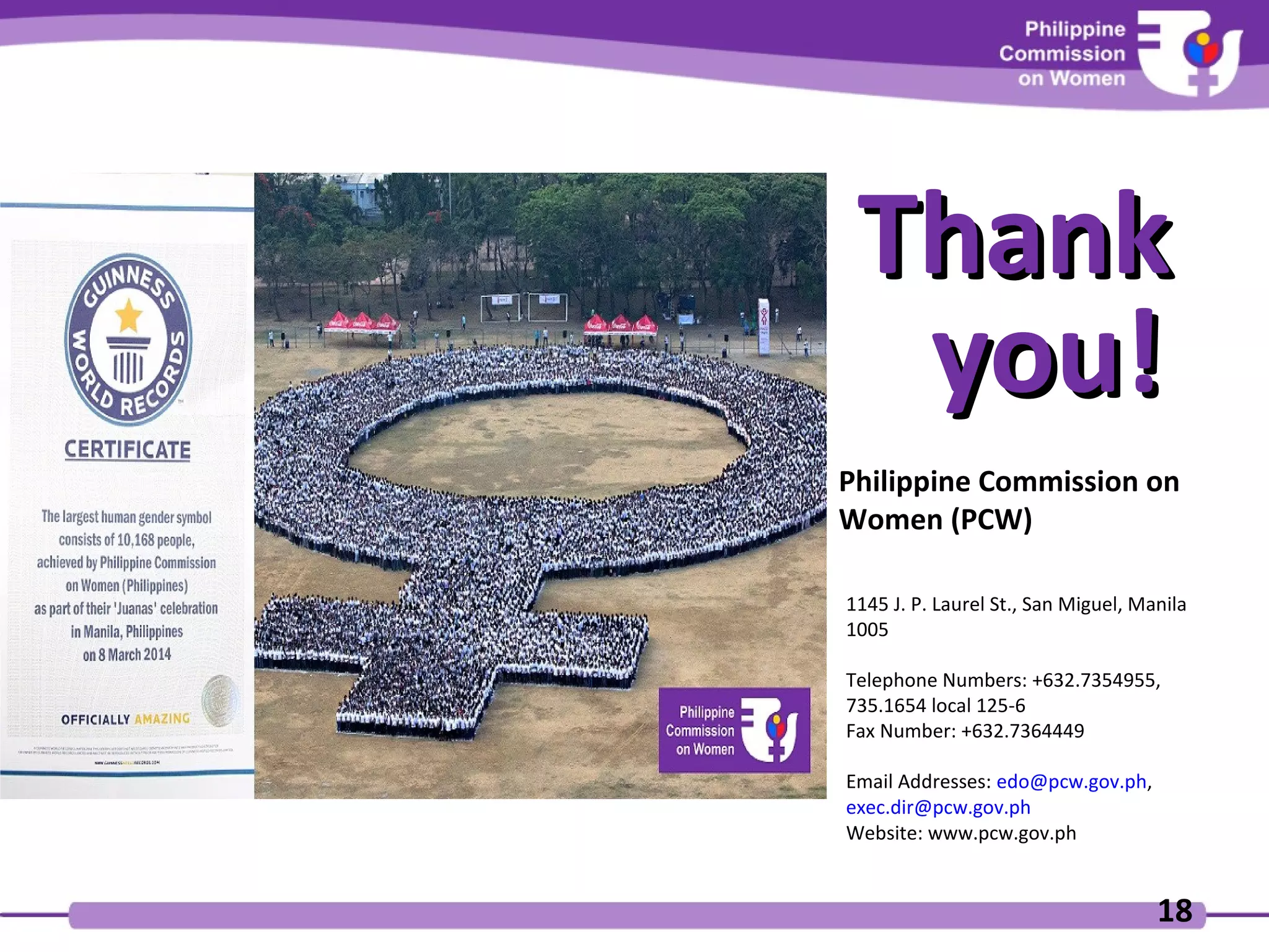 ThankThank
you!you!
Philippine Commission on
Women (PCW)
1145 J. P. Laurel St., San Miguel, Manila
1005
Telephone Numbers: +632.7354955,
735.1654 local 125-6
Fax Number: +632.7364449
Email Addresses: edo@pcw.gov.ph,
exec.dir@pcw.gov.ph
Website: www.pcw.gov.ph
18
 