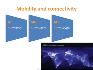 Mobility and connectivity

AT          AW                            AD
• AnyTime   • AnyWhere                    • Any De...