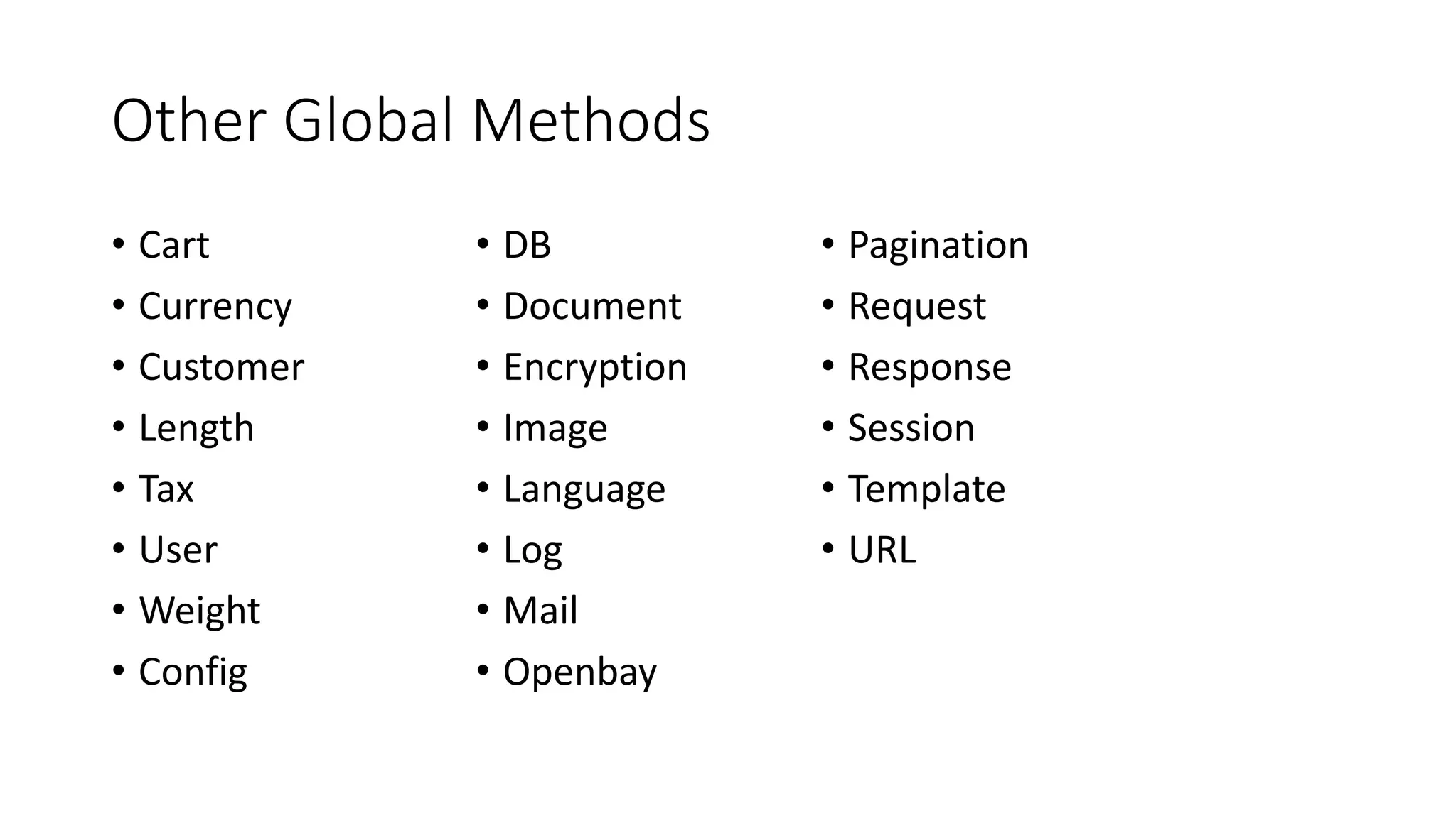 Other Global Methods
• Cart
• Currency
• Customer
• Length
• Tax
• User
• Weight
• Config
• DB
• Document
• Encryption
• Image
• Language
• Log
• Mail
• Openbay
• Pagination
• Request
• Response
• Session
• Template
• URL
 