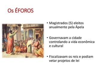Os ÉFOROS
• Magistrados (5) eleitos
anualmente pela Ápela
• Governavam a cidade
controlando a vida econômica
e cultural
• Fiscalizavam os reis e podiam
vetar projetos de lei
 