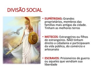 DIVISÃO SOCIAL
• EUPÁTRIDAS: Grandes
proprietários, membros das
famílias mais antigas da cidade.
Tinham as melhores terras
• METECOS: Estrangeiros ou filhos
de estrangeiros. NÃO tinham
direito a cidadania e participavam
da vida pública, do comércio e
artesanato
• ESCRAVOS: Prisioneiros de guerra
ou aqueles que vendiam sua
liberdade
 
