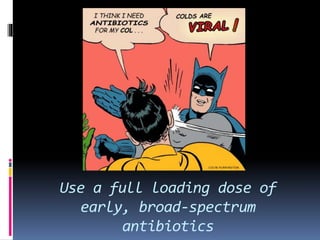 Use a full loading dose of
early, broad-spectrum
antibiotics
 