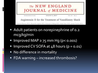  Adult patients on norepinephrine of 0.2
mcg/kg/min
 Improved MAP ≥ 75 mm Hg (p< 0.001)
 Improved CV SOFA at 48 hours (p = 0.01)
 No difference in mortality
 FDA warning – increased thrombosis?
 