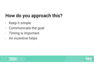 How do you approach this?
· Keep it simple
· Communicate the goal
· Timing is important
· An incentive helps
Why Research
& results
Getting
to work
 