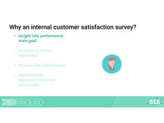 Why an internal customer satisfaction survey?
• Insight into performance
main goal
• Customer’s service
experience
• Focus on the right services
• Implemented
improvements made
measurable
Why Research
& results
Getting
to work
 