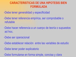 CARACTERISTICAS DE UNA HIPOTESIS BIEN FORMULADA Debe tener generalidad y especificidad Debe tener referencia empírica, ser comprobable o refutable Debe hacer referencia a un cuerpo de teoría o supuestos ad hoc. Debe ser operacional Debe establecer relación  entre las variables de estudio Debe tener poder explicatorio Debe formularse en forma simple, concisa y clara 