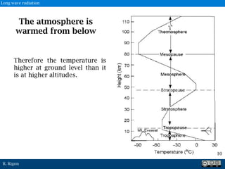 R. Rigon
The atmosphere is
warmed from below
Therefore the temperature is
higher at ground level than it
is at higher altitudes.
10
Long wave radiation
 