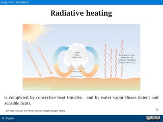 R. Rigon
Radiative heating
is completed by convective heat transfer, and by water vapor fluxes (latent and
sensible heat).
13But this you can see better on the energy budget slides.
Long wave radiation
 