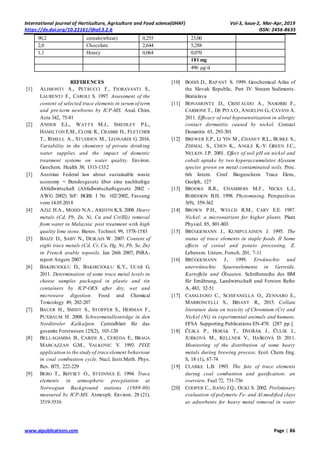 International journal of Horticulture, Agriculture and Food science(IJHAF) Vol-3, Issue-2, Mar-Apr, 2019
https://dx.doi.org/10.22161/ijhaf.3.2.6 ISSN: 2456-8635
www.aipublications.com Page | 86
90,2 cereals(wheat) 0,255 23,00
2,0 Chocolate 2,644 5,288
1,1 Honey 0,064 0,070
181 mg
496 µg/d
REFERENCES
[1] ALIMONTI A., PETRUCCI F., FIORAVANTI S.,
LAURENTI F., CAROLI S. 1997. Assessment of the
content of selected trace elements in serum of term
and pre-term newborns by ICP-MS. Anal. Chim.
Acta 342, 75-81
[2] ANDER E.L., WATTS M.J., SMEDLEY P.L.,
HAMILTON E.M., CLOSE R., CRABBE H., FLETCHER
T., RIMELL A., STUDDEN M., LEONARDI G. 2016.
Variability in the chemistry of private drinking
water supplies and the impact of domestic
treatment systems on water quality. Environ.
Geochem. Health 38; 1313-1332
[3] Austrian Federal law about sustainable waste
economy = Bundesgesetz über eine nachhaltige
Abfallwirtschaft (Abfallwirtschaftsgesetz 2002 –
AWG 2002) StF: BGBl. I Nr. 102/2002, Fassung
vom 14.05.2018
[4] AZIZ H.A., MOHD N.A., ARIFFIN K.S. 2008. Heavy
metals (Cd, Pb, Zn, Ni, Cu and Cr(III)) removal
from water in Malaysia: post treatment with high
quality lime stone. Biores. Technol. 99, 1578-1583
[5] BAIZE D., SABY N., DESLAIS W. 2007: Content of
eight trace metals (Cd, Cr, Cu, Hg, Ni, Pb, Se, Zn)
in French arable topsoils. Jan 26th 2007, INRA-
report Angers 2007
[6] BAKIRCIOGLU D., BAKIRCIOGLU K.Y., UCAR G.
2011. Determination of some trace metal levels in
cheese samples packaged in plastic and tin
containers by ICP-OES after dry, wet and
microwave digestion. Food and Chemical
Toxicology 49, 202-207
[7] BAUER H., SMIDT S., STOPPER S., HERMAN F.,
PUXBAUM H. 2008. Schwermetalleinträge in den
Nordtiroler Kalkalpen. Centralblatt für das
gesamte Forstwesen 125(2), 103-120
[8] BELLAGAMBA B., CARIDI A., CEREDA E., BRAGA
MARCAZZAN G.M., VALKOVIC V. 1993. PIXE
application to the study of trace element behaviour
in coal combustion cycle. Nucl. Instr.Meth. Phys.
Res. B75, 222-229
[9] BERG T., RØYSET O., STEINNES E. 1994. Trace
elements in atmospheric precpitation at
Norwegian Background stations (1989-90)
measured by ICP-MS. Atmosph. Environ. 28 (21),
3519-3536
[10] BODIŠ D., RAPANT S. 1999. Geochemical Atlas of
the Slovak Republic, Part IV: Stream Sediments.
Bratislava
[11] BONAMONTE D., CRISTAUDO A., NASORRI F.,
CARBONE T., DE PITA O., ANGELINI G., CAVANI A.
2011. Efficacy of oral hyposensitization in allergic
contact dermatitis caused by nickel. Contact
Dematitis 65, 293-301
[12] BREWER E.P., LI YIN M., CHANEY R.L., BURKE S.,
ZDIMAL S., CHEN K., ANGLE K.-Y: GREEN J.C.,
NELKIN J.P. 2001. Effect of soil pH on nickel and
cobalt uptake by two hyperaccumulator Alyssum
species grown on metal contaminated soils. Proc.
6th Intern. Conf. Biogeochem. Trace Elem.,
Guelph, 127
[13] BROOKS R.R., CHAMBERS M.F., NICKS L.J.,
ROBINSON B.H. 1998. Phytomining. Perspectives
3(9), 359-362
[14] BROWN P.H., WELCH R.M., CARY E.E. 1987.
Nickel: a micronutrient for higher plants. Plant
Physiol. 85, 801-803
[15] BRÜGGEMANN J., KUMPULAINEN J. 1995. The
status of trace elements in staple foods. II Some
effects of cereal and potato processing. Z.
Lebensm. Unters. Forsch. 201, 7-11
[16] BRÜGGEMANN J., 1999. Erwünschte und
unerwünschte Spurenelemente in Getreide,
Kartoffeln und Ölsaaten. Schriftenreihe des BM
für Ernährung, Landwirtschaft und Forsten Reihe
A, 483, 32-51
[17] CASALEGNO C., SCHIFANELLA O., ZENNARO E.,
MARRONCELLI S., BRIANT R., 2015. Collate
literature data on toxicity of Chromium (Cr) and
Nickel (Ni) in experimental animals and humans.
EFSA Supporting Publications:EN-478. [287 pp.].
[18] ČEJKA P., HORÁK T., DVOŘÁK J., ČULÍK J.,
JURKOVÁ M., KELLNER V., HAŠKOVÁ D. 2011.
Monitoring of the distribution of some heavy
metals during brewing process. Ecol. Chem. Eng.
S, 18 (1), 67-74
[19] CLARKE L.B. 1993. The fate of trace elements
during coal combustion and gasification: an
overview. Fuel 72, 731-736
[20] COOPER C., JIANG J.Q., OUKI S. 2002. Preliminary
evaluation of polymeric Fe- and Al-modified clays
as adsorbents for heavy metal removal in water
 