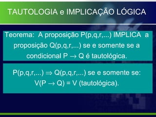 TAUTOLOGIA e IMPLICAÇÃO LÓGICA
Teorema: A proposição P(p,q,r,...) IMPLICA a
proposição Q(p,q,r,...) se e somente se a
condicional P → Q é tautológica.
P(p,q,r,...) ⇒ Q(p,q,r,...) se e somente se:
V(P → Q) = V (tautológica).
 