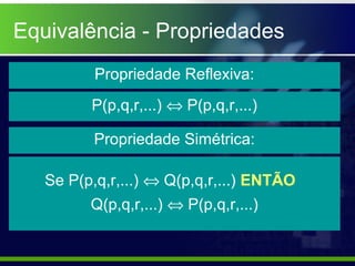 Equivalência - Propriedades
Propriedade Reflexiva:
P(p,q,r,...) ⇔ P(p,q,r,...)
Propriedade Simétrica:
Se P(p,q,r,...) ⇔ Q(p,q,r,...) ENTÃO
Q(p,q,r,...) ⇔ P(p,q,r,...)
 