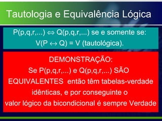 Tautologia e Equivalência Lógica
P(p,q,r,...) ⇔ Q(p,q,r,...) se e somente se:
V(P ↔ Q) = V (tautológica).
DEMONSTRAÇÃO:
Se P(p,q,r,...) e Q(p,q,r,...) SÃO
EQUIVALENTES então têm tabelas-verdade
idênticas, e por conseguinte o
valor lógico da bicondicional é sempre Verdade
 