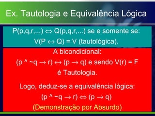 A bicondicional:
(p ^ ~q → r) ↔ (p → q) e sendo V(r) = F
é Tautologia.
Logo, deduz-se a equivalência lógica:
(p ^ ~q → r) ⇔ (p → q)
(Demonstração por Absurdo)
P(p,q,r,...) ⇔ Q(p,q,r,...) se e somente se:
V(P ↔ Q) = V (tautológica).
Ex. Tautologia e Equivalência Lógica
 