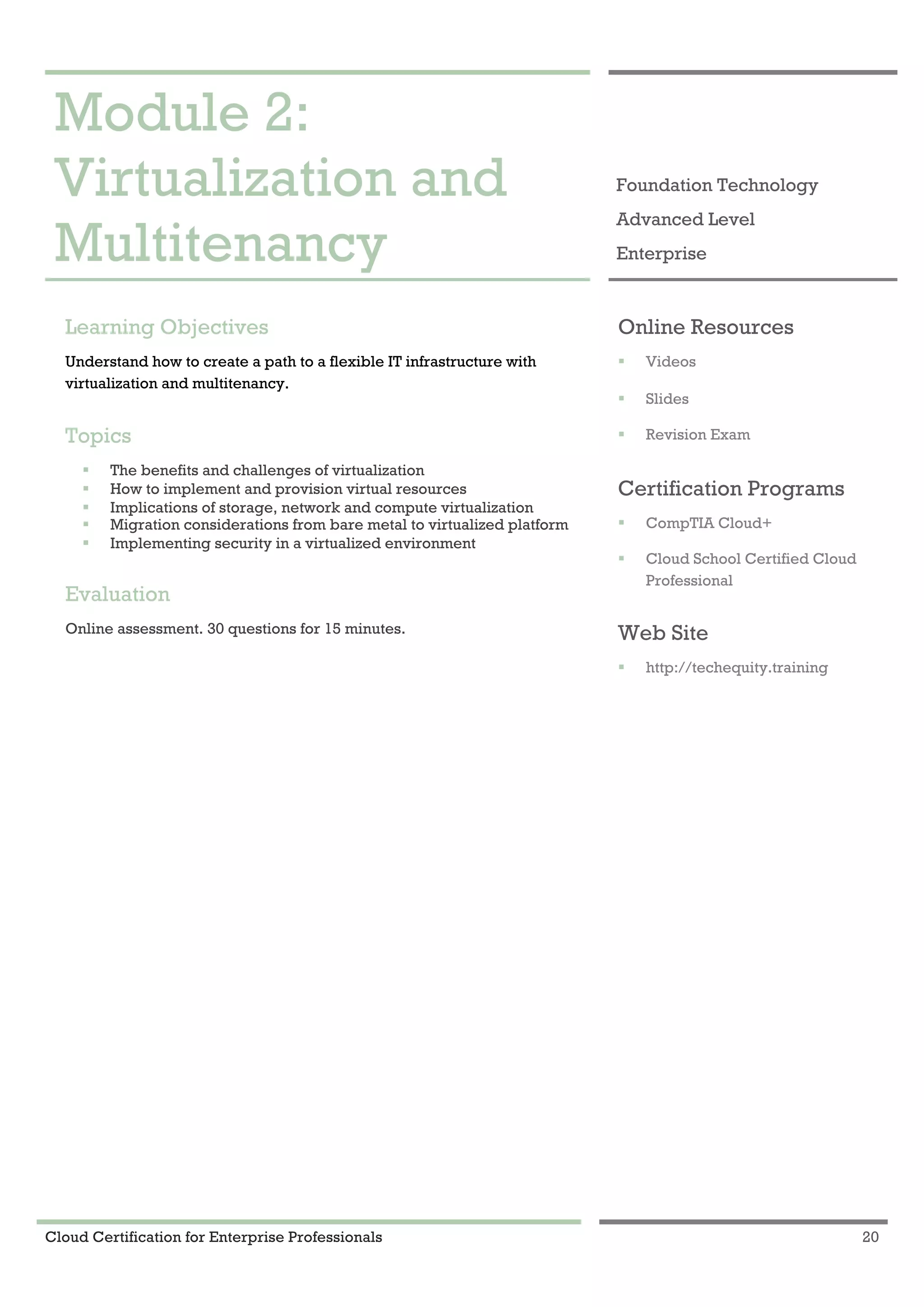 Cloud Certification for Enterprise Professionals 20
Module 2: Virtualization and Multitenancy 1
Module 2:
Virtualization and
Multitenancy
Foundation Technology
Advanced Level
Enterprise
Learning Objectives
Understand how to create a path to a flexible IT infrastructure with
virtualization and multitenancy.
Topics
! The benefits and challenges of virtualization
! How to implement and provision virtual resources
! Implications of storage, network and compute virtualization
! Migration considerations from bare metal to virtualized platform
! Implementing security in a virtualized environment
Evaluation
Online assessment. 30 questions for 15 minutes.
Online Resources
! Videos
! Slides
! Revision Exam
Certification Programs
! CompTIA Cloud+
! Cloud School Certified Cloud
Professional
Web Site
! http://techequity.training
 