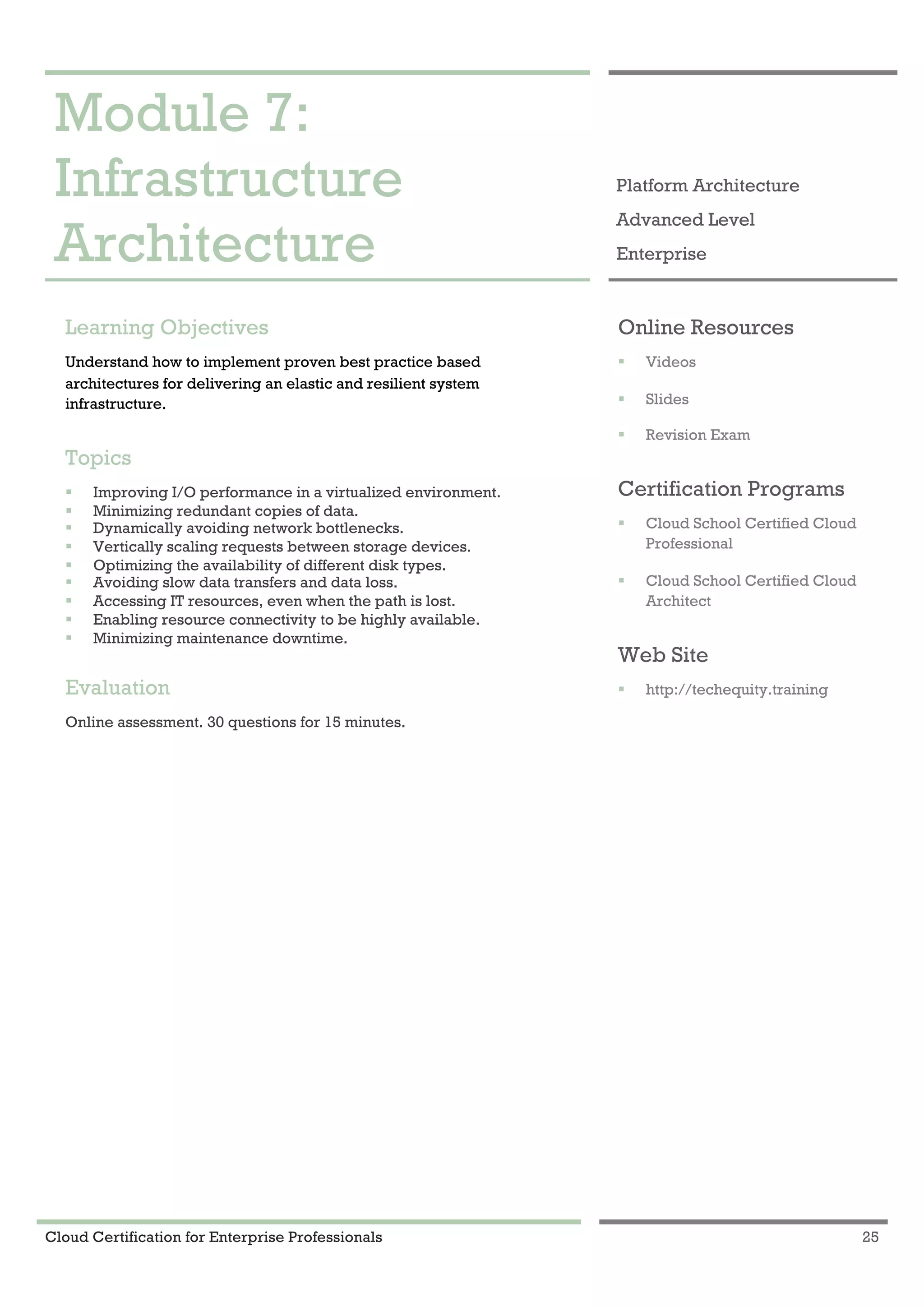 Cloud Certification for Enterprise Professionals 25
Module 7: Infrastructure Architecture 1
Module 7:
Infrastructure
Architecture
Platform Architecture
Advanced Level
Enterprise
Learning Objectives
Understand how to implement proven best practice based
architectures for delivering an elastic and resilient system
infrastructure.
Topics
! Improving I/O performance in a virtualized environment.
! Minimizing redundant copies of data.
! Dynamically avoiding network bottlenecks.
! Vertically scaling requests between storage devices.
! Optimizing the availability of different disk types.
! Avoiding slow data transfers and data loss.
! Accessing IT resources, even when the path is lost.
! Enabling resource connectivity to be highly available.
! Minimizing maintenance downtime.
Evaluation
Online assessment. 30 questions for 15 minutes.
Online Resources
! Videos
! Slides
! Revision Exam
Certification Programs
! Cloud School Certified Cloud
Professional
! Cloud School Certified Cloud
Architect
Web Site
! http://techequity.training
 