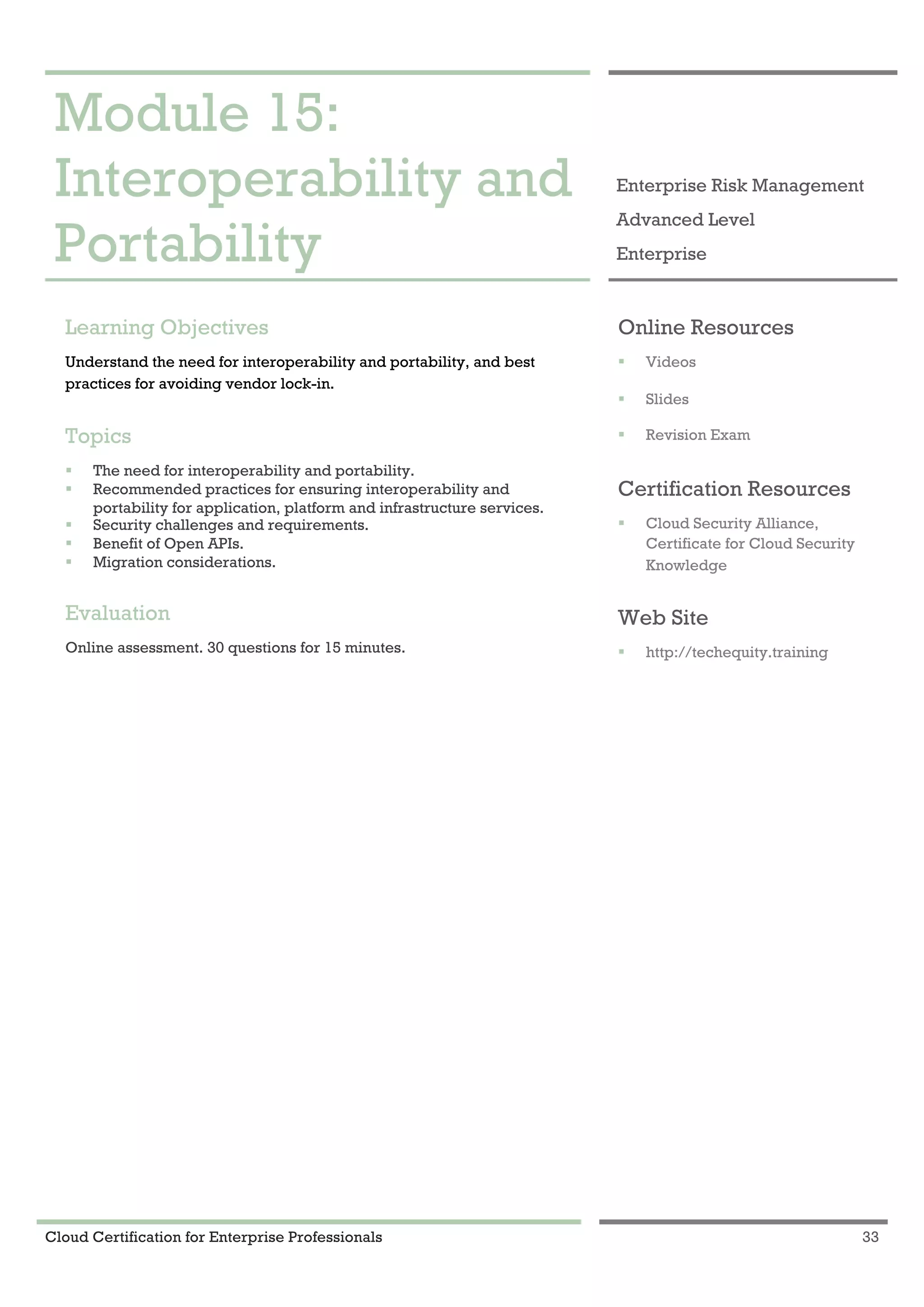 Cloud Certification for Enterprise Professionals 33
Module 15: Interoperability and Portability 1
Module 15:
Interoperability and
Portability
Enterprise Risk Management
Advanced Level
Enterprise
Learning Objectives
Understand the need for interoperability and portability, and best
practices for avoiding vendor lock-in.
Topics
! The need for interoperability and portability.
! Recommended practices for ensuring interoperability and
portability for application, platform and infrastructure services.
! Security challenges and requirements.
! Benefit of Open APIs.
! Migration considerations.
Evaluation
Online assessment. 30 questions for 15 minutes.
Online Resources
! Videos
! Slides
! Revision Exam
Certification Resources
! Cloud Security Alliance,
Certificate for Cloud Security
Knowledge
Web Site
! http://techequity.training
 