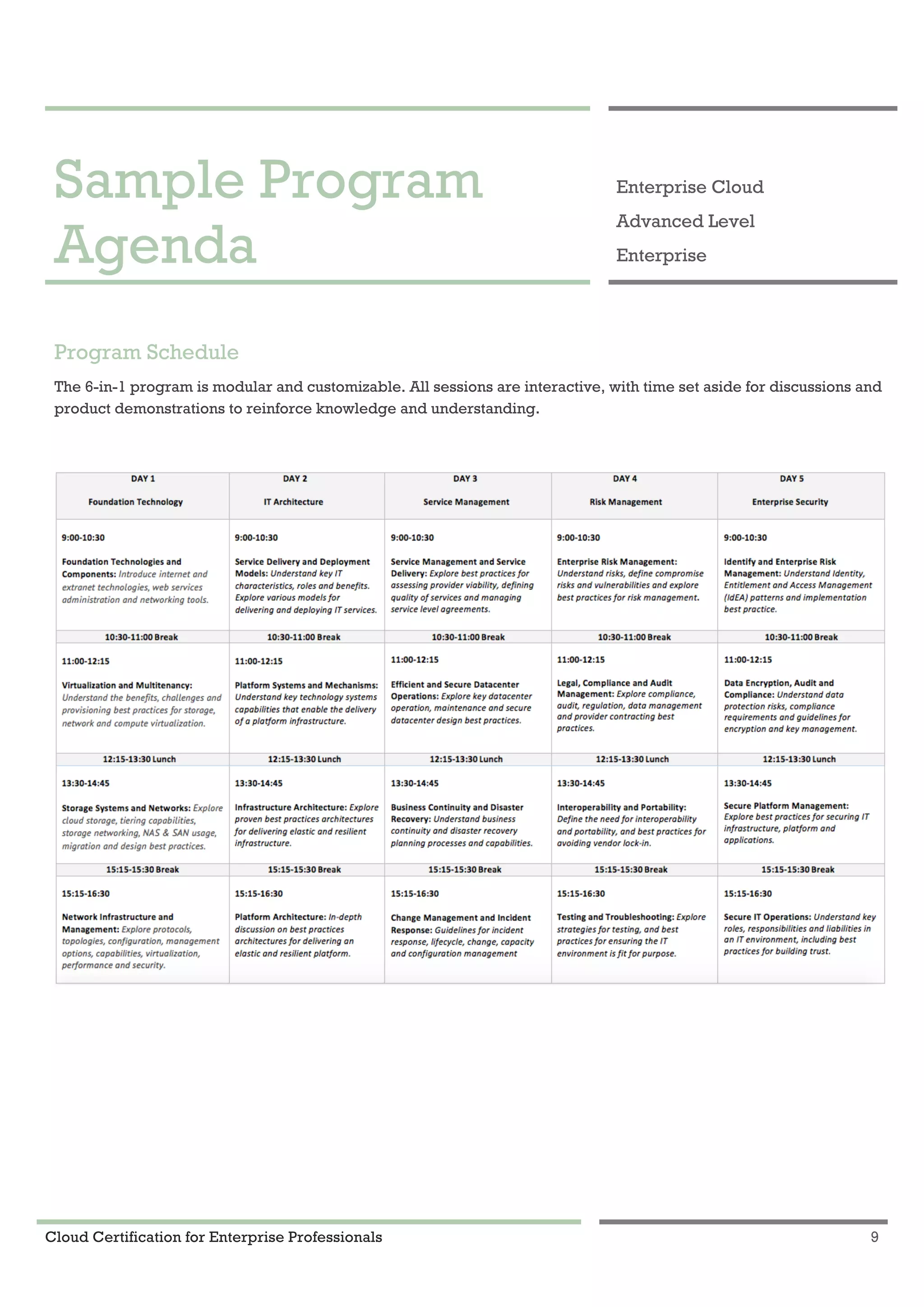 Cloud Certification for Enterprise Professionals 9
Sample Program Agenda 1
Sample Program
Agenda
Enterprise Cloud
Advanced Level
Enterprise
Program Schedule
The 6-in-1 program is modular and customizable. All sessions are interactive, with time set aside for discussions and
product demonstrations to reinforce knowledge and understanding.
 