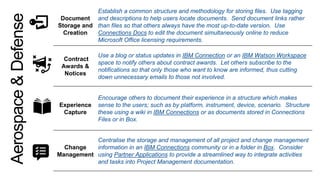 Document
Storage and
Creation
Establish a common structure and methodology for storing files. Use tagging
and descriptions to help users locate documents. Send document links rather
than files so that others always have the most up-to-date version. Use
Connections Docs to edit the document simultaneously online to reduce
Microsoft Office licensing requirements.
Contract
Awards &
Notices
Use a blog or status updates in IBM Connection or an IBM Watson Workspace
space to notify others about contract awards. Let others subscribe to the
notifications so that only those who want to know are informed, thus cutting
down unnecessary emails to those not involved.
Experience
Capture
Encourage others to document their experience in a structure which makes
sense to the users; such as by platform, instrument, device, scenario. Structure
these using a wiki in IBM Connections or as documents stored in Connections
Files or in Box.
Change
Management
Centralise the storage and management of all project and change management
information in an IBM Connections community or in a folder in Box. Consider
using Partner Applications to provide a streamlined way to integrate activities
and tasks into Project Management documentation.
Aerospace&Defense
 