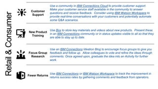 Customer
Support
Use a community in IBM Connections Cloud to provide customer support.
Make your customer service staff available in the community to answer
questions and receive feedback. Consider using IBM Watson Workspace to
provide real-time conversations with your customers and potentially automate
some Q&A scenarios.
New Product
Training
Use Box to store key materials and videos about new products. Present these
in an IBM Connections community or in status updates visible to all so that they
are able to stay up to date.
Focus Group
Research
Use an IBM Connections Ideation Blog to encourage focus groups to give you
feedback and follow up. Allow colleagues to vote and refine the ideas through
comments. Once agreed upon, graduate the idea into an Activity for further
work.
Fewer Returns
Use IBM Connections or IBM Watson Workspace to track the improvement in
returns success rates by gathering comments and feedback from operators.
Retail&Consumer
 