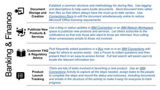 Document
Storage and
Creation
Establish a common structure and methodology for storing files. Use tagging
and descriptions to help users locate documents. Send document links rather
than files so that others always have the most up-to-date version. Use
Connections Docs to edit the document simultaneously online to reduce
Microsoft Office licensing requirements.
Publicize New
Products &
Services
Use a blog or status updates in IBM Connection or an IBM Watson Workspace
space to publicize new products and services. Let others subscribe to the
notifications so that only those who want to know are informed, thus cutting
down unnecessary emails to those not involved.
Customer FAQ
& Regulatory
Advice
Post frequently asked questions in a Box note or in an IBM Connections wiki
page for others to access easily. Use a Forum to collect questions and then
present them in an easy-to-access format. Full text search will assist users to
locate the relevant information too.
Product
Launch
Tracking
There are lots of tasks involved in launching a new product. Use an IBM
Connections Activity to capture all the steps needed, assign tasks to the people
to complete the steps and record the status and outcomes, including documents
and emails in the structure of the activity to make it easy for everyone to track
progress.
Banking&Finance
 