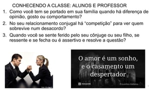 CONHECENDO A CLASSE: ALUNOS E PROFESSOR
1. Como você tem se portado em sua família quando há diferença de
opinião, gosto o...