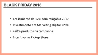 BLACK FRIDAY 2018
• Crescimento de 12% com relação a 2017
• Investimento em Marketing Digital +20%
• +20% produtos na campanha
• Incentivo no Pickup Store
 