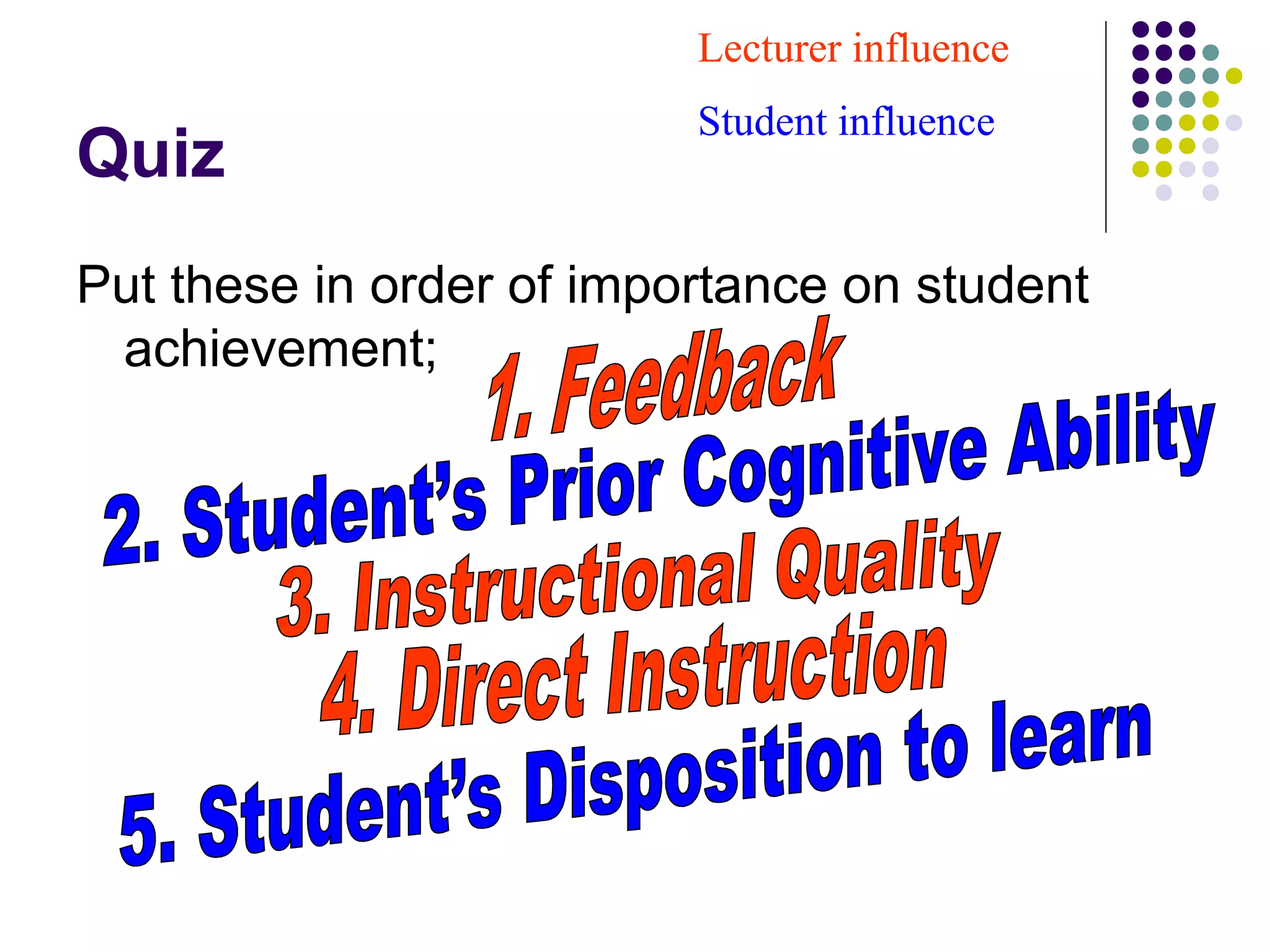 Quiz
Put these in order of importance on student
achievement;
Lecturer influence
Student influence
 